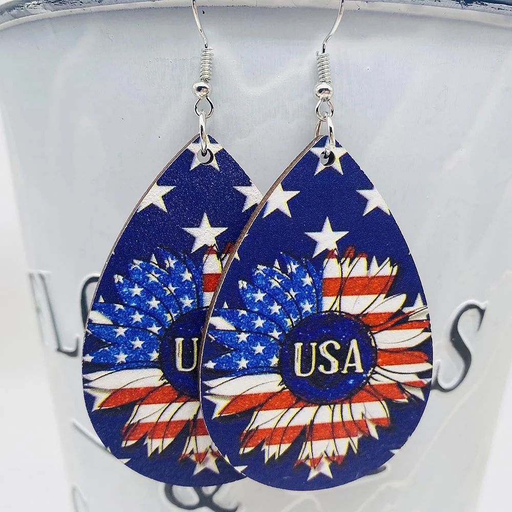 New Independence Day Wooden Earrings Sunflower American Flag Water Drop Earrings for Women Jewelry