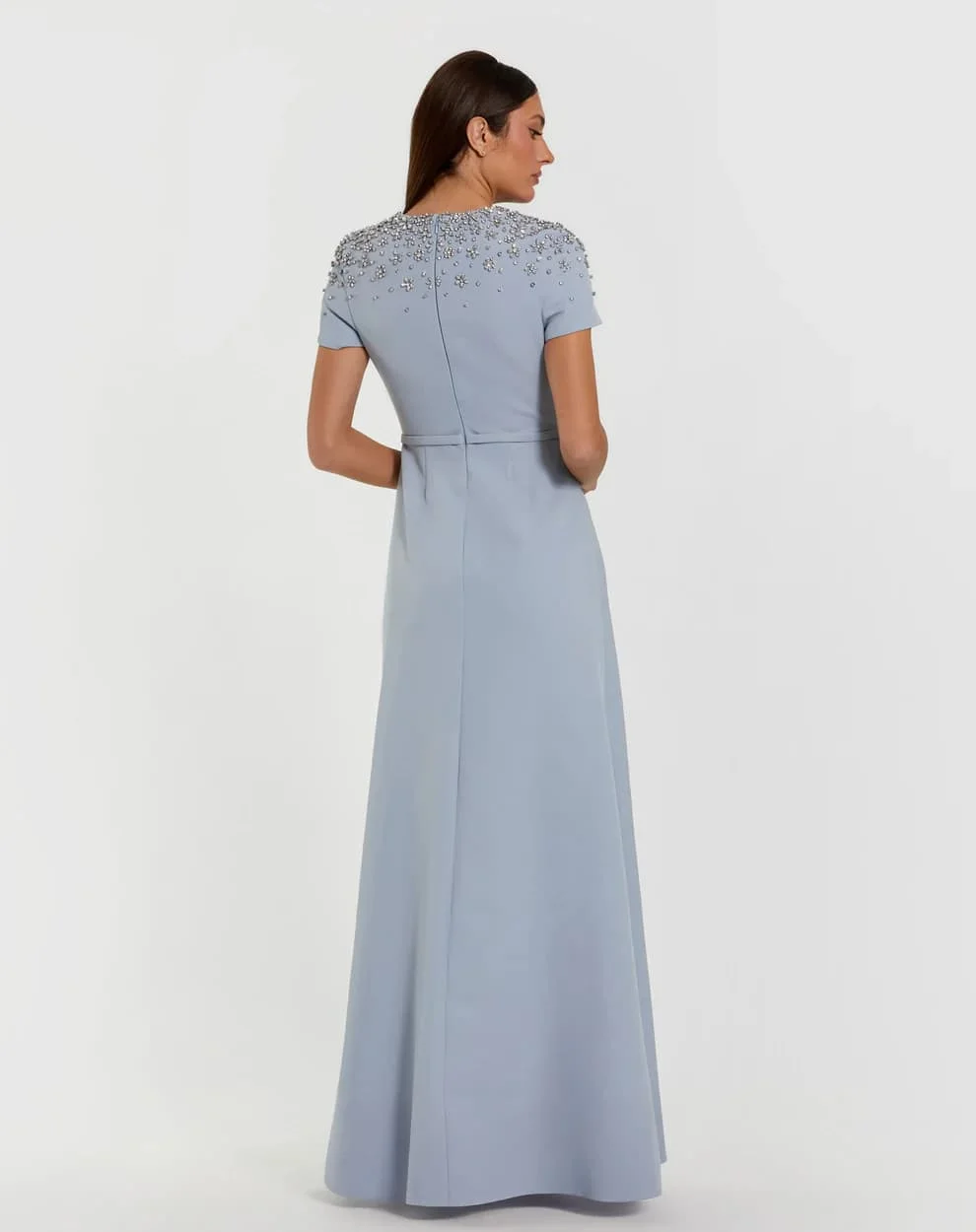 Customized  Short Sleeve Mermaid Evening Gown Full Chest Crystal Beading Crepe Floor Length Modest Dress For Women Wedding Gown