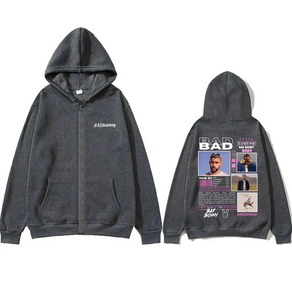 Bad Bunny Nadie Sabe Lo Que Va A Pasar Manana Print Zipper Hoodie Men Hip Hop Oversized Zip Up Jacket Male Fleece Zip Up Hoodies