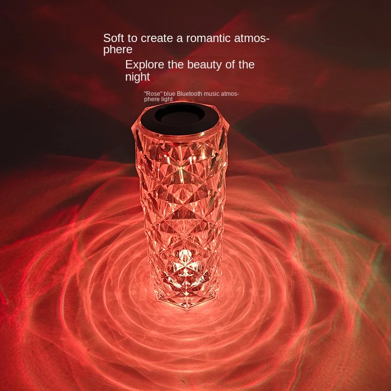 Altavoz Bluetooth, luz rosa, luz LED de ambiente de cristal, luz nocturna pequeña junto a la cama del dormitorio, lámpara de escritorio decorativa