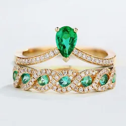 2Pcs/set Luxury Metal Inlaid Emerald Zircon Rings Classic Cute Travel Party Rings for Women