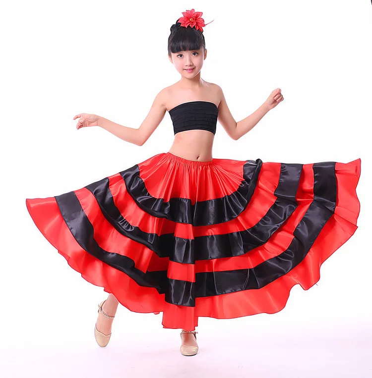 1 pçs/lote crianças moda dança do ventre saia vermelha menina tourada dança cetim fita preta saia flamenco