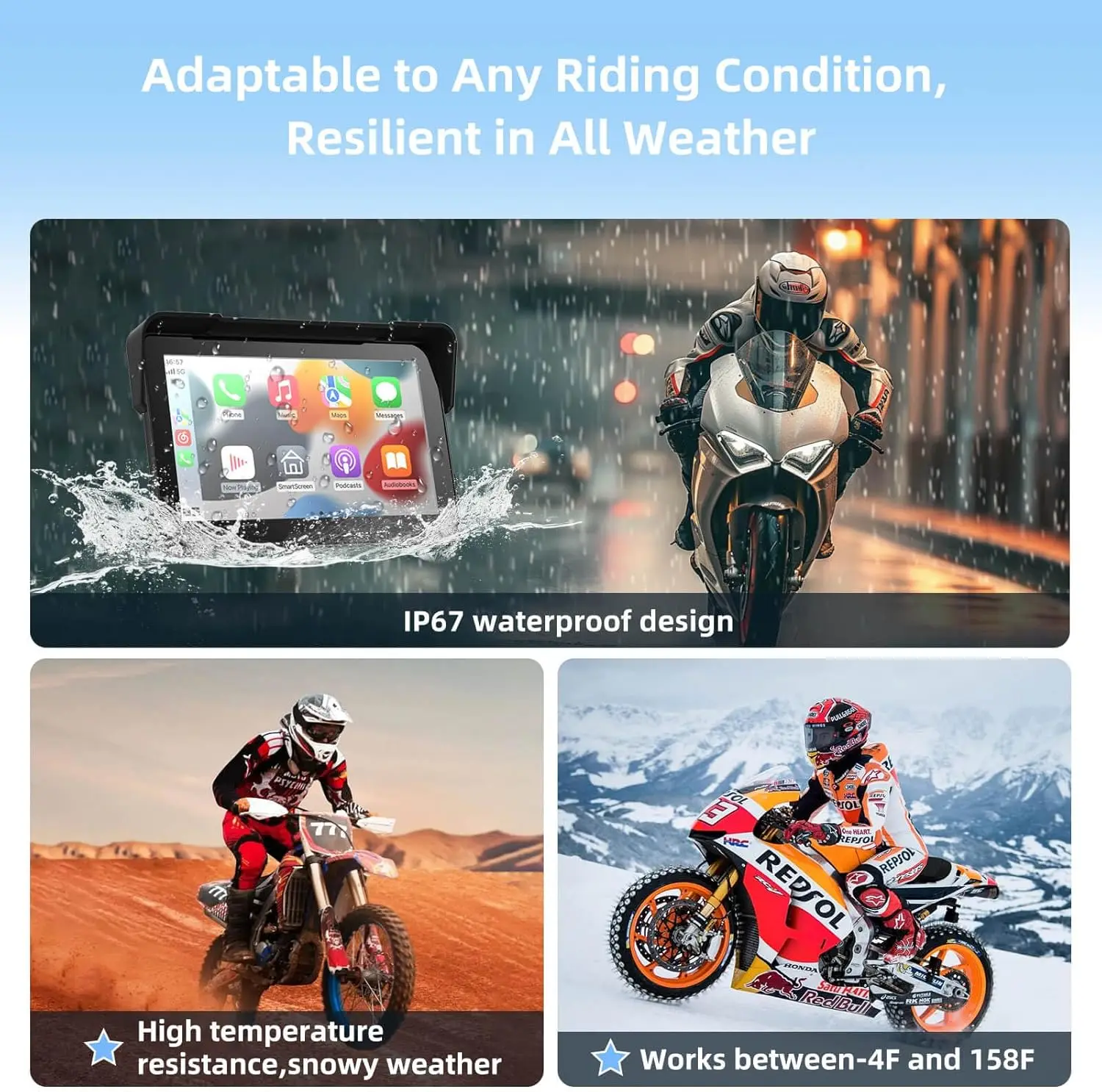 Navigazione GPS per moto wireless da 7 pollici CarPlay e Android Auto, schermo portatile impermeabile con doppio Bluetooth, controllo vocale,