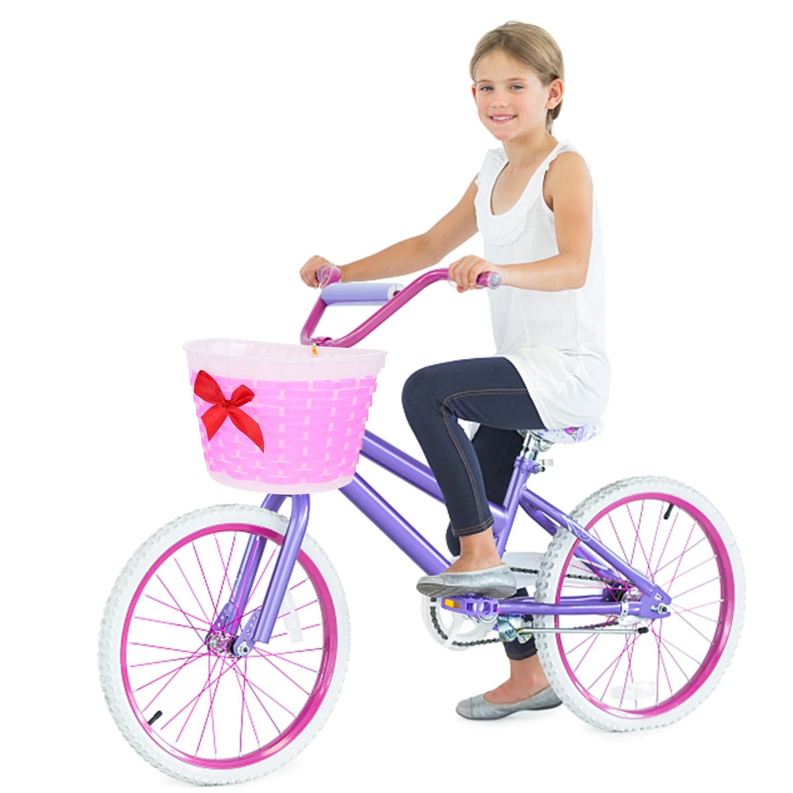 1 set Kids Bike Front Basket Plastic Detachable Handlebar Storage Container Lightweight Weave Design For Cycling Outdoor Pink