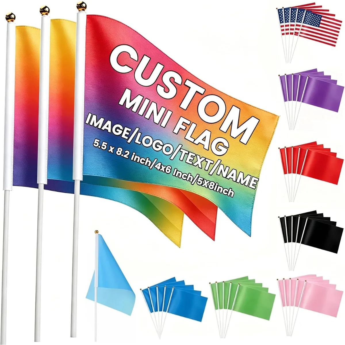 100 pcs Custom Handheld Flags 4x6inch Personalized Logo Text Mini Stick Flags Double Sided Print