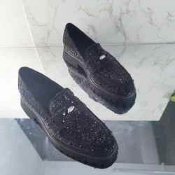 Black Rhinestone Loafers Men Suede Shoes Thick Soles Platform Shoes Leather Dress Shoes Handmade Men's Party And Wedding Shoes