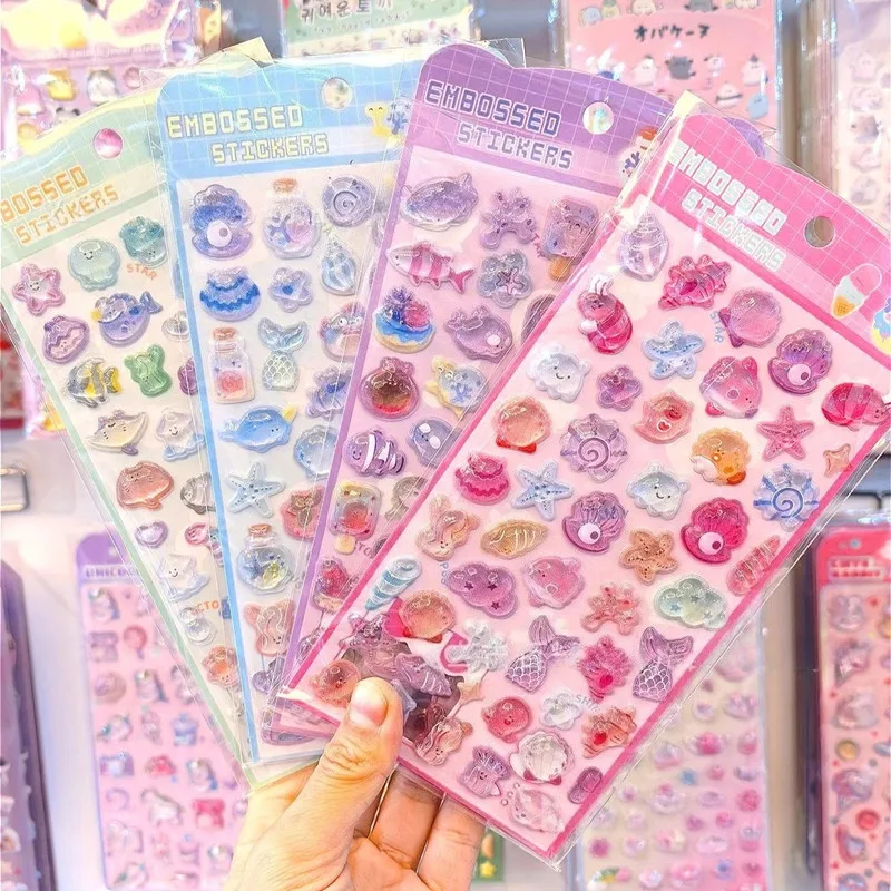 1sheet Kawaii 3D Embossed Ocean Seashell Starfish Crystal Drop Sticker for Scrapbooking Cute Phone Case Decoration Solid Sticker