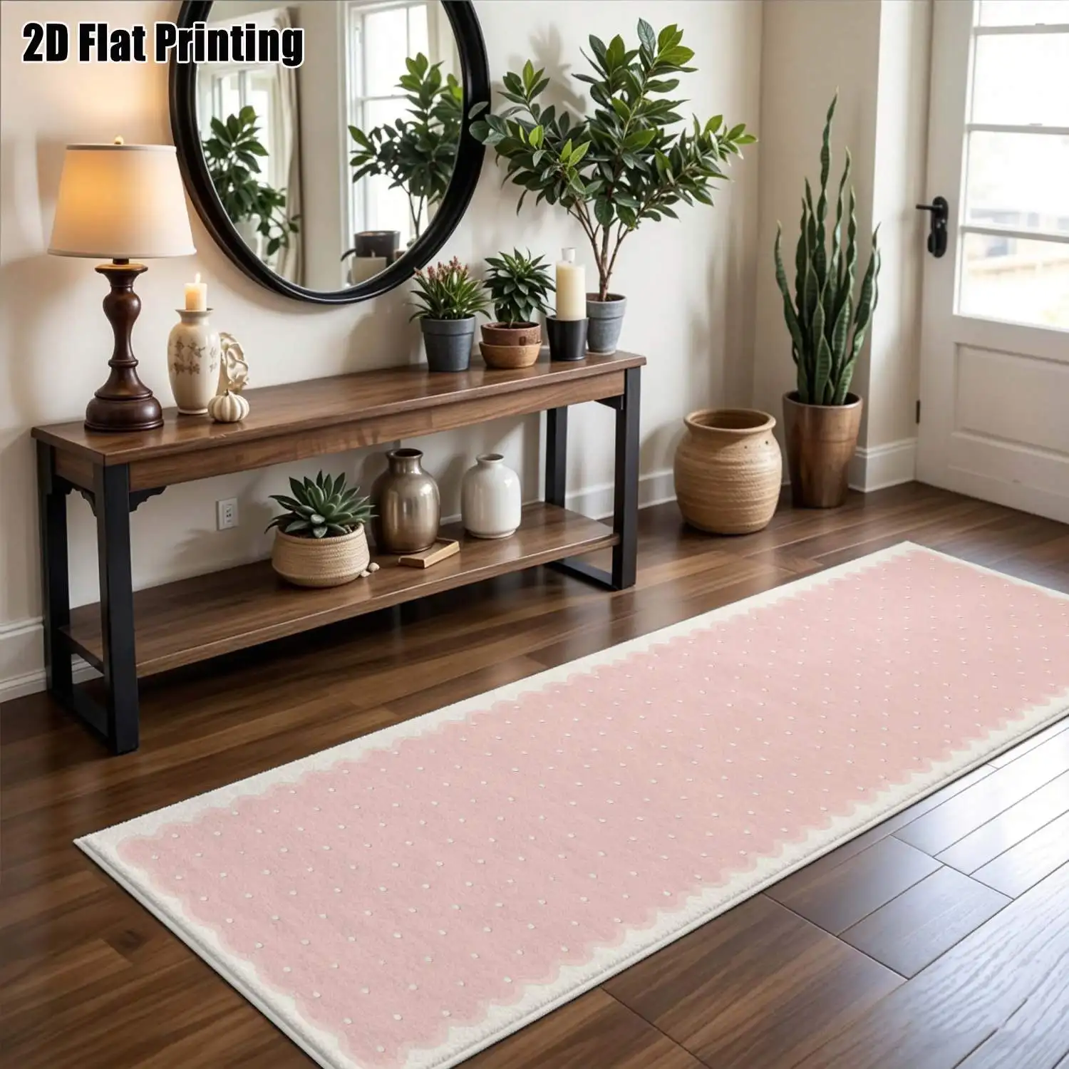 1Pc 2D Printed Pink Dot Long Strip Rug, Nordic/Instagram/Modern Simple Geometric Style, Home Decor, Multi-Size, Machine Washable, for Entrance, Corridor, Bedroom, Kitchen