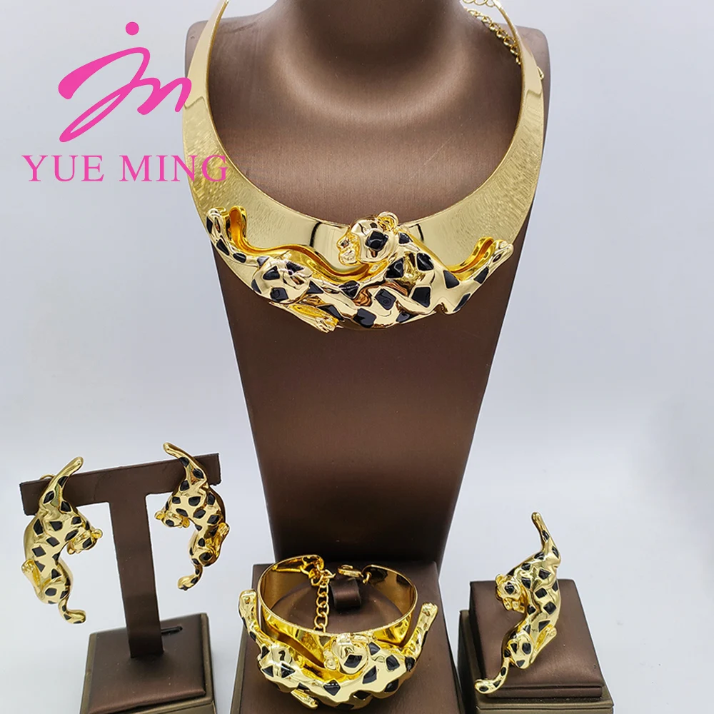 Gold Plated Jewelry Sets Leopard Necklace for Women Animal Dangle Earrings Banquet Party Fashion Jewellery Charm Bracelet Ring