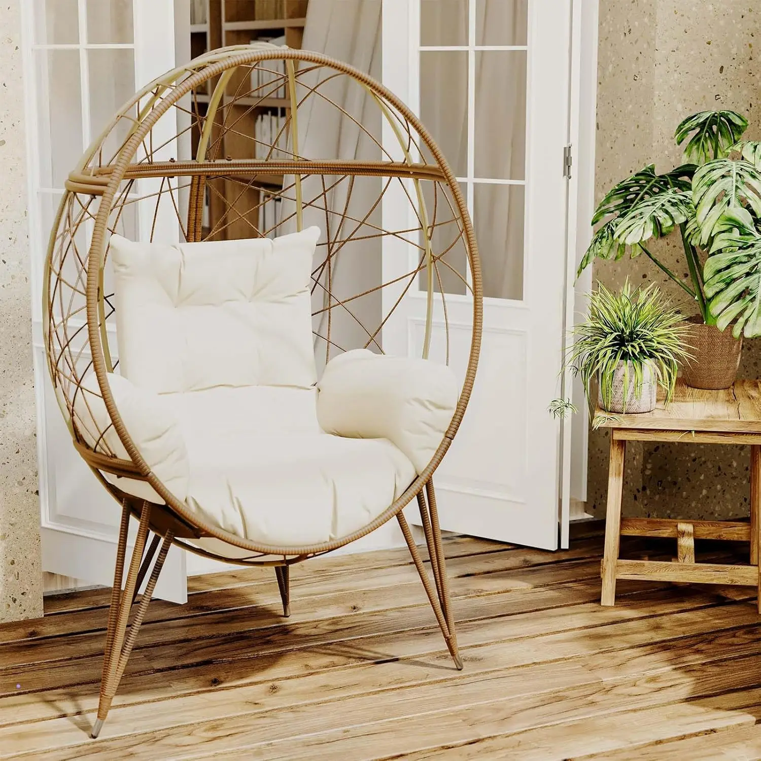 Wicker Egg Chair with Stand Cushion Outdoor Indoor Lounger Egg Basket Chair for Living Room, Backyard, Balcony, Patio (Beige)