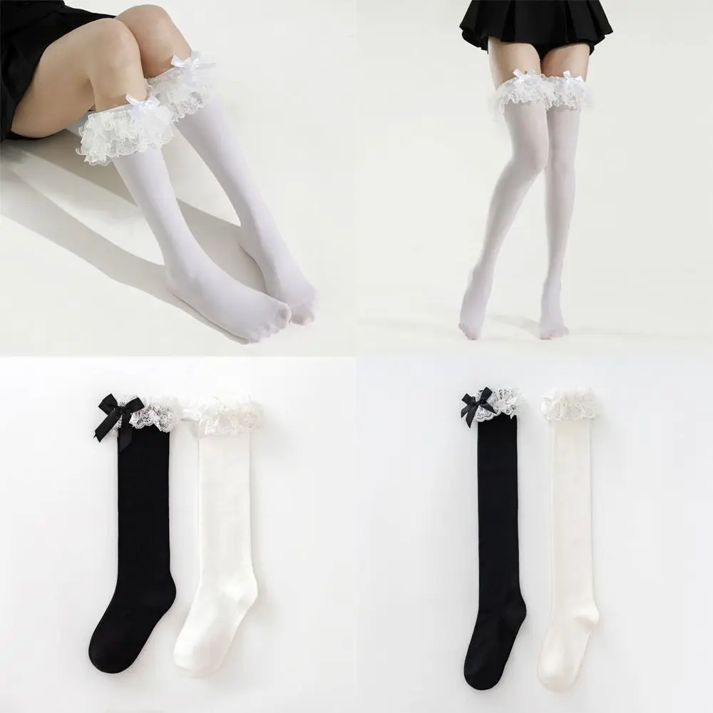 Japanese Style Lolita Lace Calf Stockings Multi Layer Bowknot Ruffle Long Socks JK Lacework Knee Socks