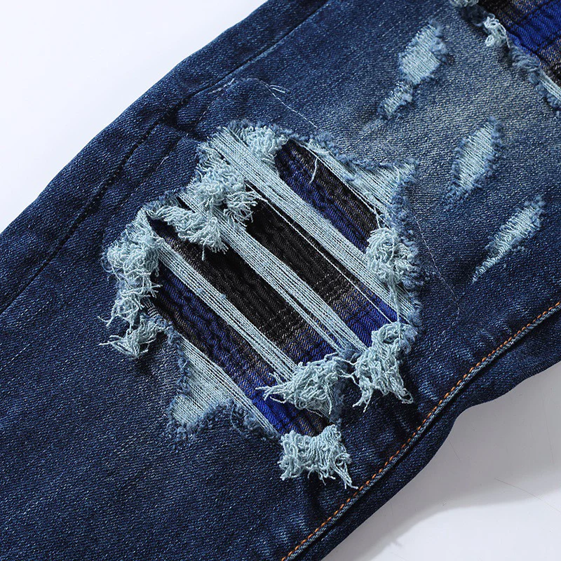 Fashionable Y2K men's jeans, washed with nostalgia, elastic, slim fit, perforated patch, deep blue jeans, high street hip-hop br