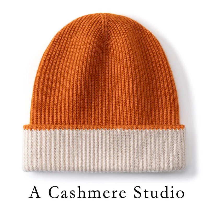 100 Cashmere 2-Layer Beanie Unisex Fashion Patchwork Color Knitted Casual Hats For Men/Women Winter Outdoor Warm Cashmere Cap