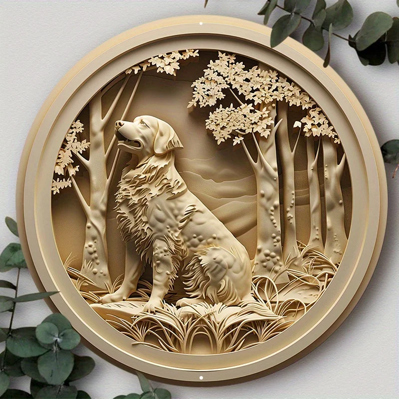 

Aluminum Metal Sign, 2D Flat Circular Wreath Logo, Tavern Club Home Scene Decoration, Golden Retriever, Gift for Dog Lovers