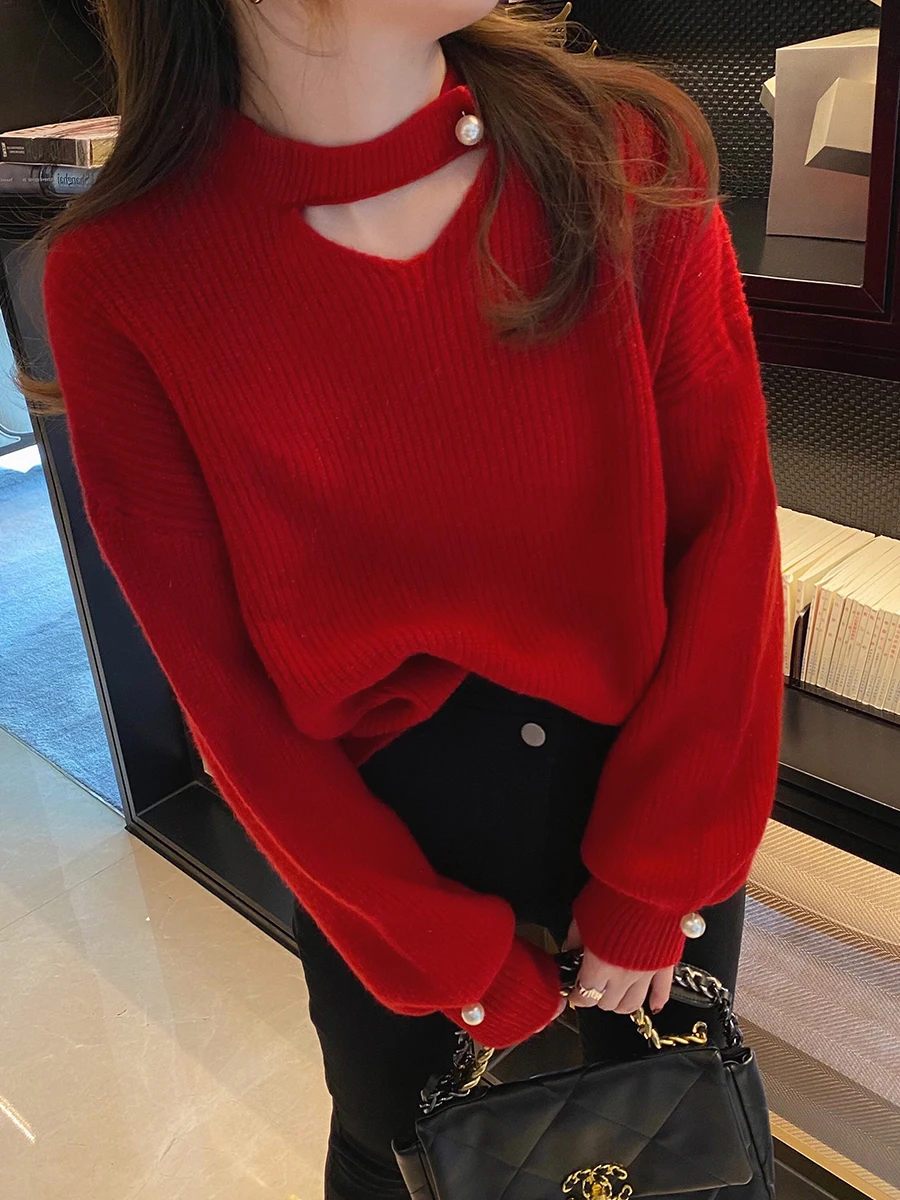 Design Sensation  Women\'s Sweater Loose V-neck Pink Knitted Top Korean Style Autumn Winter New Arrival Casual Commute Style