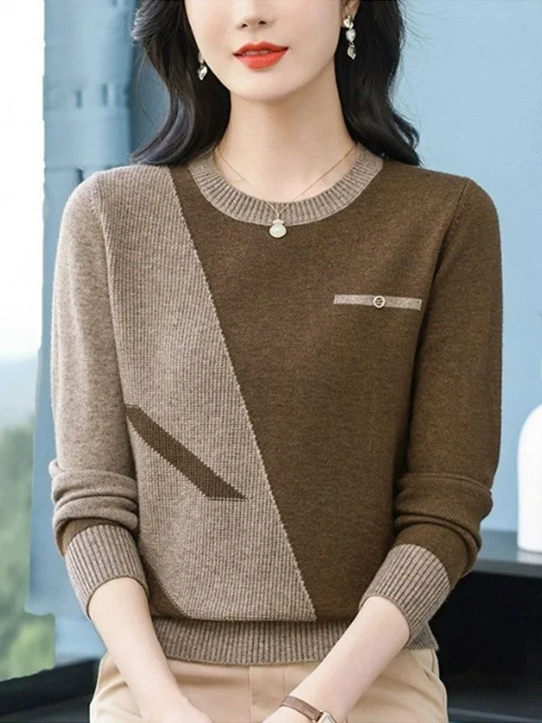 

Ele round Ne Knitted Wool Sweater Women's Base irt Faionable Spring Autumn Camere Polyester Blend Commute Sle