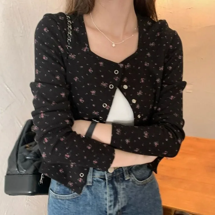 Korean Simple Floral O-neck Women Cardigan 2024 New Long Sleeve Black Tops Mujer Y2k E-Girl Slim Fit Single Breasted Coats