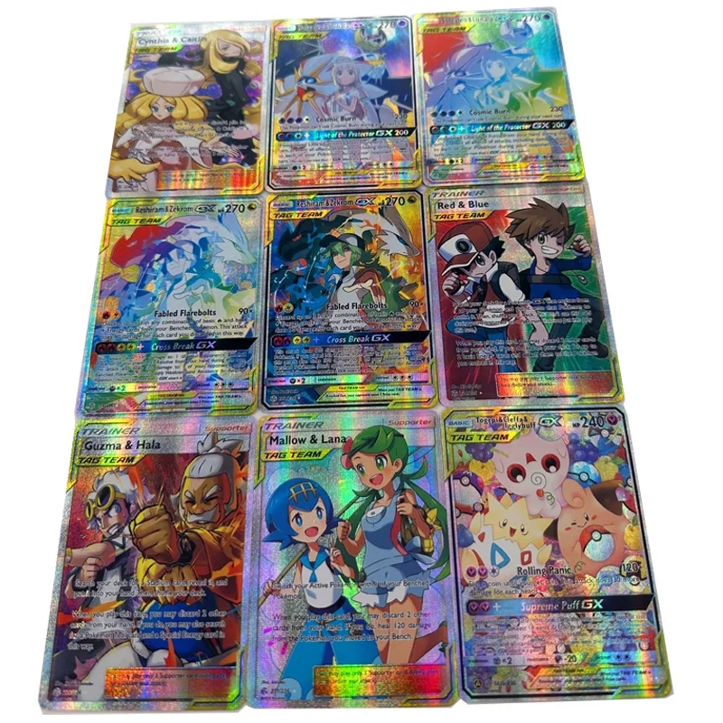 9Pcs/set Pokemon Red Blue Guzma Hala Mallow Lana Cynthia Caitlin Solgaleo Reshiram Zekrom Anime Game Collection Cards Toy Gifts