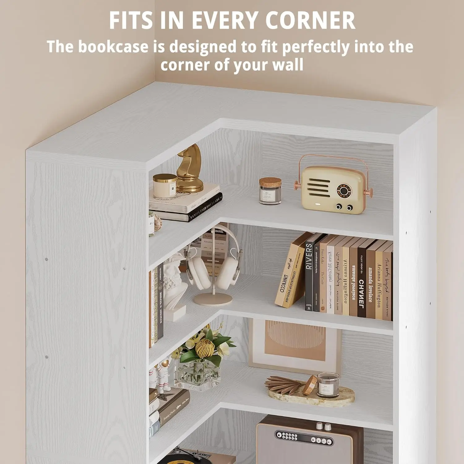 رف كتب زاوية مقاس 81 بوصة من IRONCK مع باب، أرفف كتب من 6 طبقات مع رف تخزين، خزانة كتب طويلة لغرفة المعيشة، مكتب، أبيض