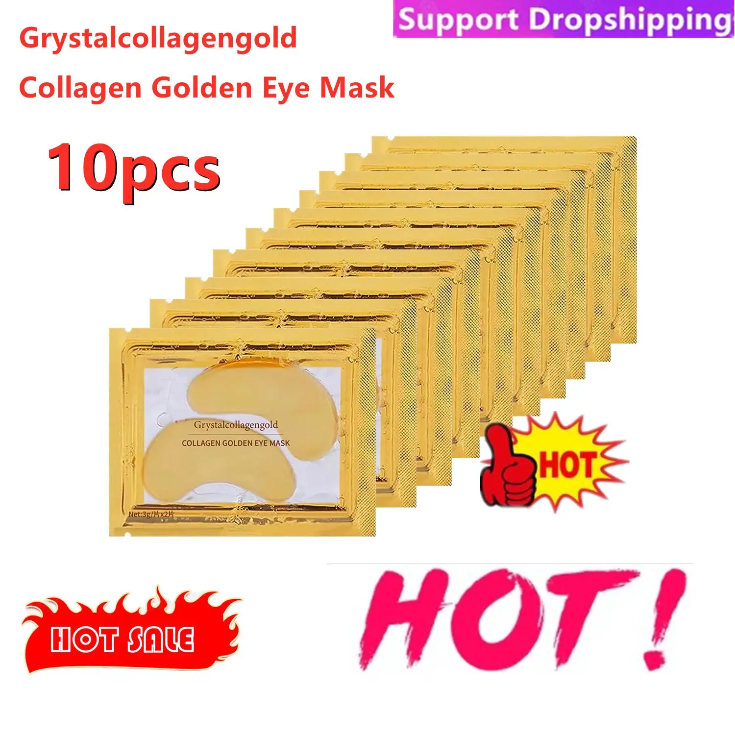 Cristal colágeno máscara ocular, pó de ouro, anti-envelhecimento, olheiras, acne, remendos de beleza, cuidados com a pele, cosméticos coreanos, 10pcs