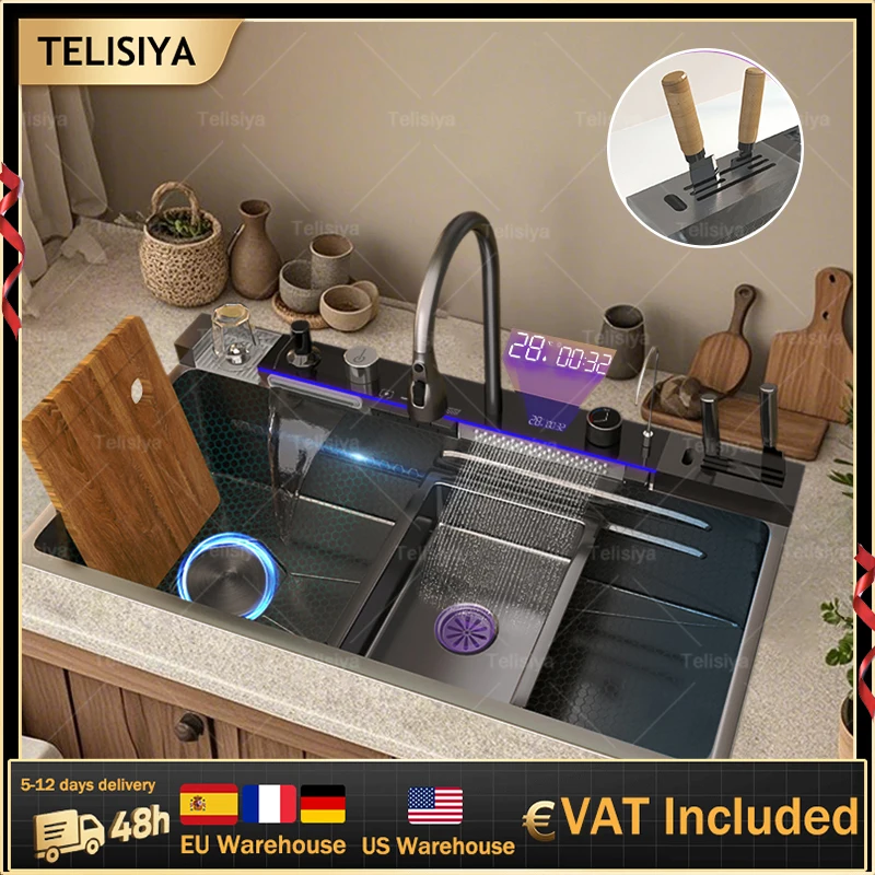 

Кухонная мойка с водопадом из нержавеющей стали, очень большая, с одним слотом, цифровой дисплей, многофункциональные раковины для мытья посуды для кухни