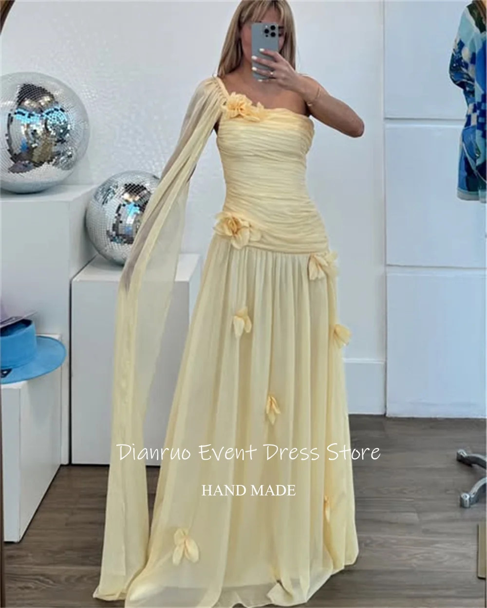 Dianruo plissado uma linha vestidos de noite chiffon amarelo vestidos de festa elegante um ombro praia vestidos de formatura personalizado