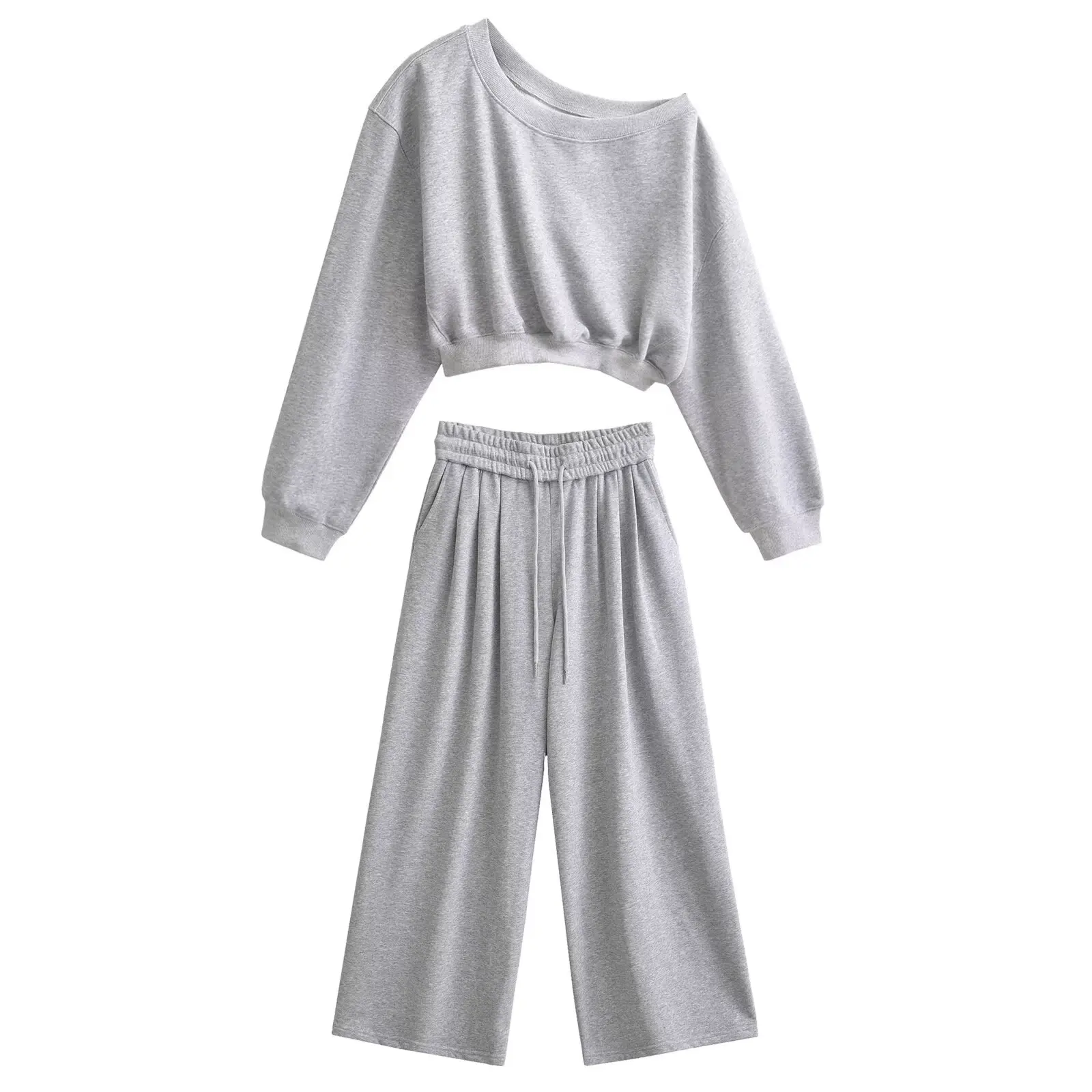 

American Sle Hot Girl Diagonal Collar oulder Bared High Waist Hoodie with Elastic Waisand Loose Low Waist Wide Leg Pant...