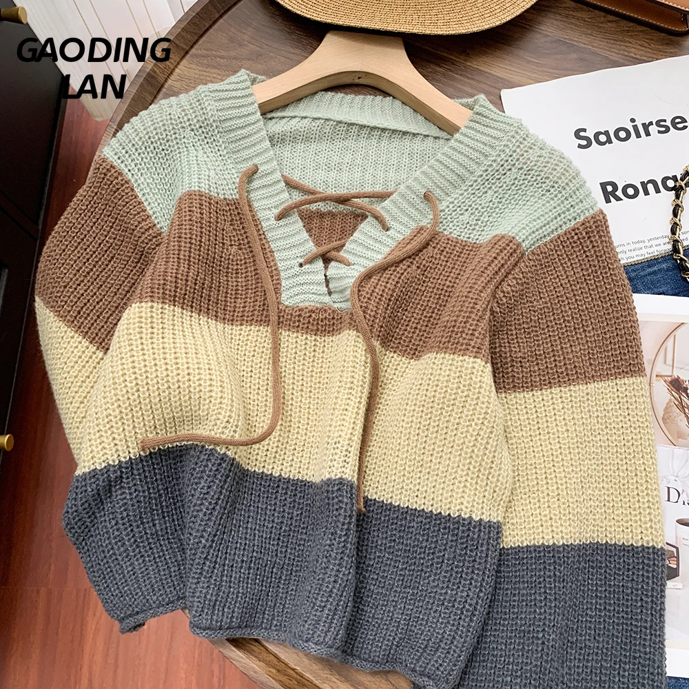 Vintage Contrast Color Stripe Women Sweaters Autumn Winter Long Sleeve Lace-up V-neck Knitted Tops Slim Short Knitwear Coats