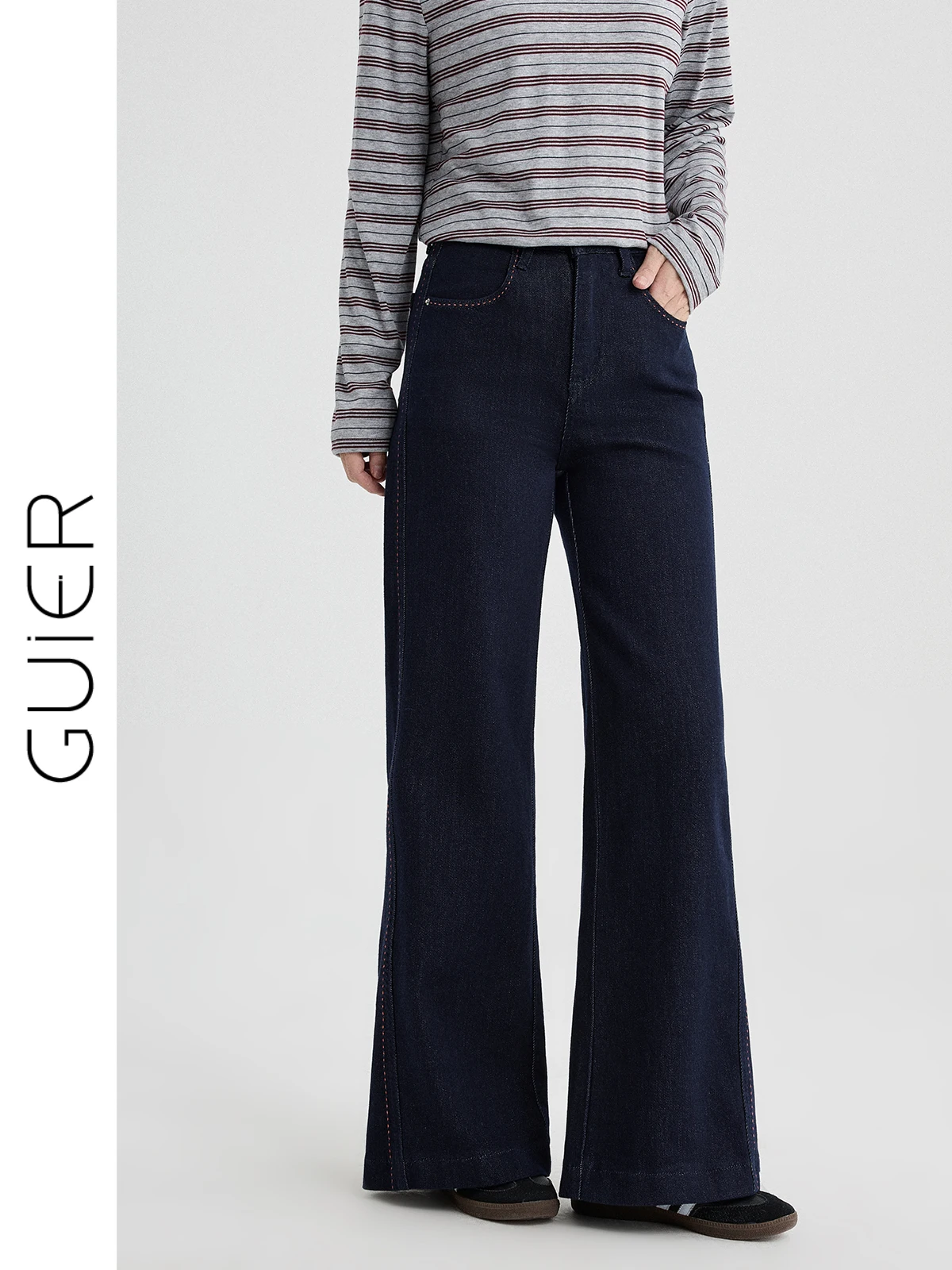 

Deep Blue High Waist Wide Leg Jeans Women's Loose Straight Slimming Pants Spring New Arrival G7723# Embroidery Decorative Stitch