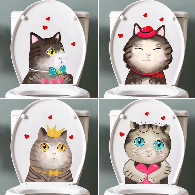 M464 Funny Cartoon Cat Toilet Stickers Cartoon Child Urination Toilet Lid WC Door Sticker Removable Decor Paper Household