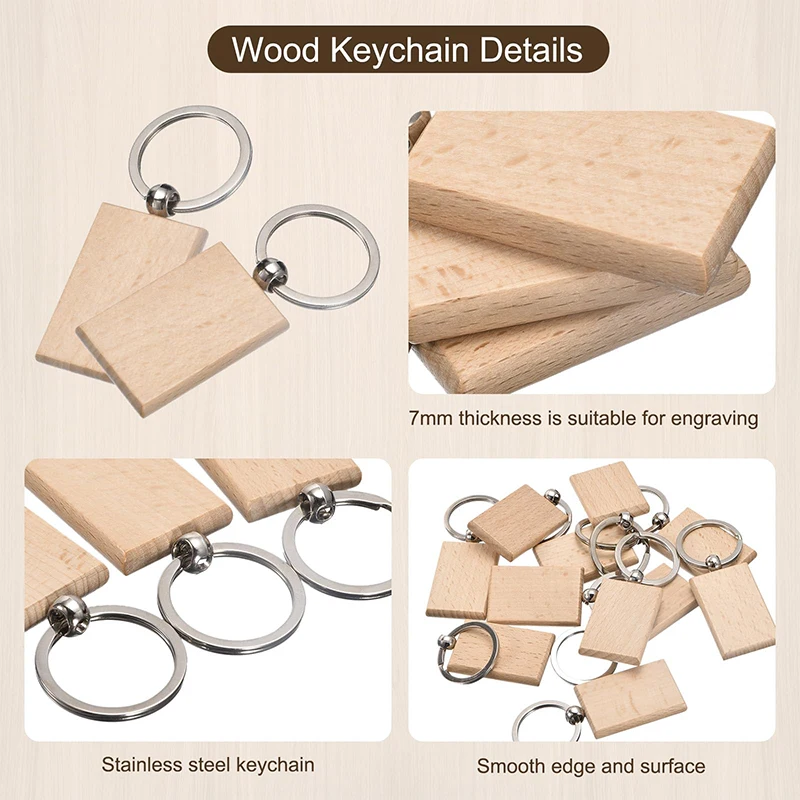 70Pcs Wooden Keychain Blank Rectangle Unfinished Wood Key Ring Tag for DIY Gift Crafts Painting