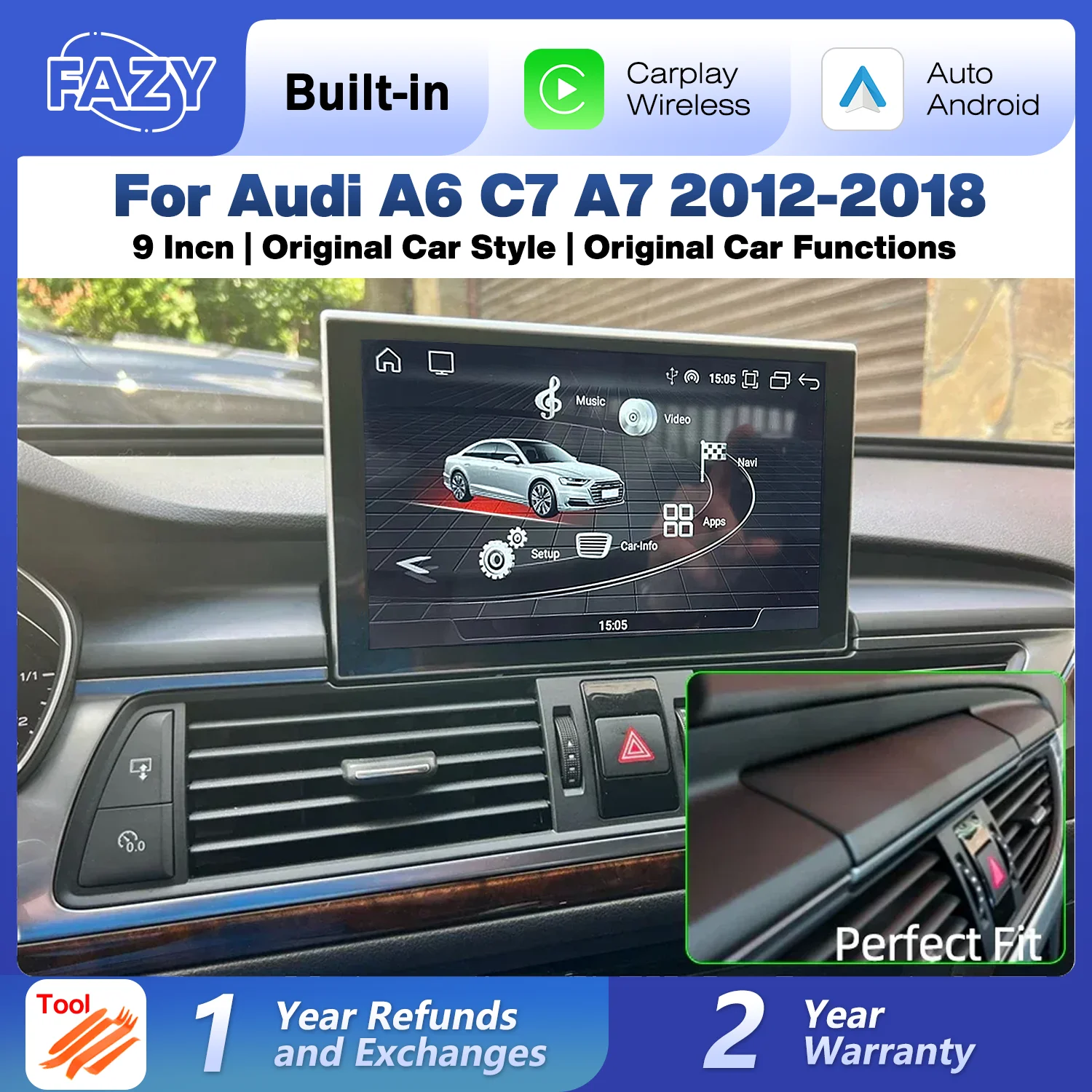 Rádio Automotivo Android 14 com Carplay Sem Fio e Tela Touchscreen para Audi A6 C7 A7 2012-2018, Reprodutor Multimídia Automotivo com Navegação GPS, Estéreo e WIFI