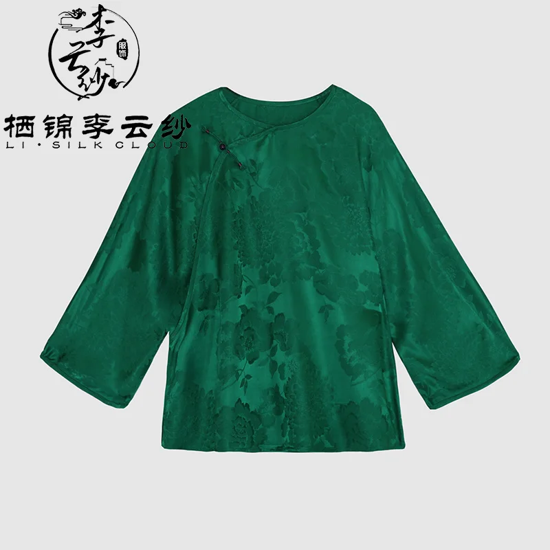 LI SILK CLOUD xiangyunsha Stand-Collar Short Sleeve Top Ancient Style Oriental Patterns Guangdong Black Pearl  Guangdong Gauze