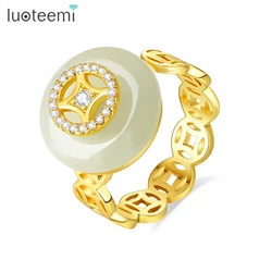 LUOTEEMI Vintage Jade Rings Women CZ Decoration Romantic Jewelry Traditional Coin Shape Ring Hot Sale Stylish Classic Accessory