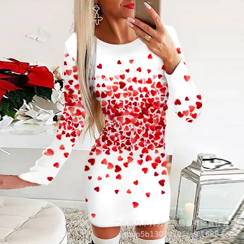 Mini Sexy Bodycon Dress Love Print Long-sleeved Dress Women Slim Fits O-neck Summer Fashion Y2k Dress