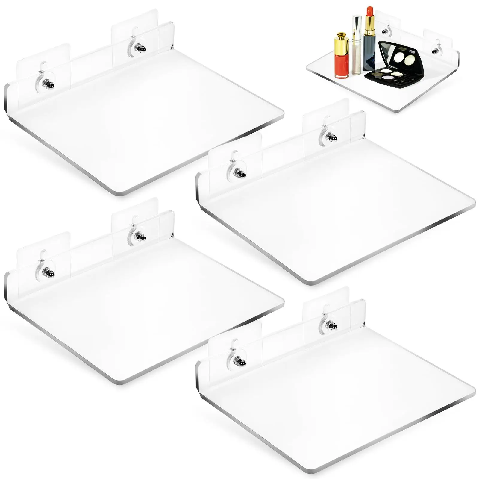 

4 Pcs Hole Free Acrylic Shelves 20x15cm Floating Wall Rack Bathroom Kitchen Storage Organizer No Drilling Modern Decor