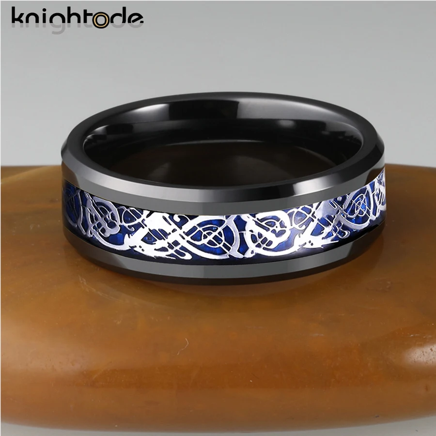 8mm Tungsten Carbide Rings Silvery Dragon/Blue Carbon Fiber Inlay Men Women Wedding Band Beveled Edges Polished Comfort Fit