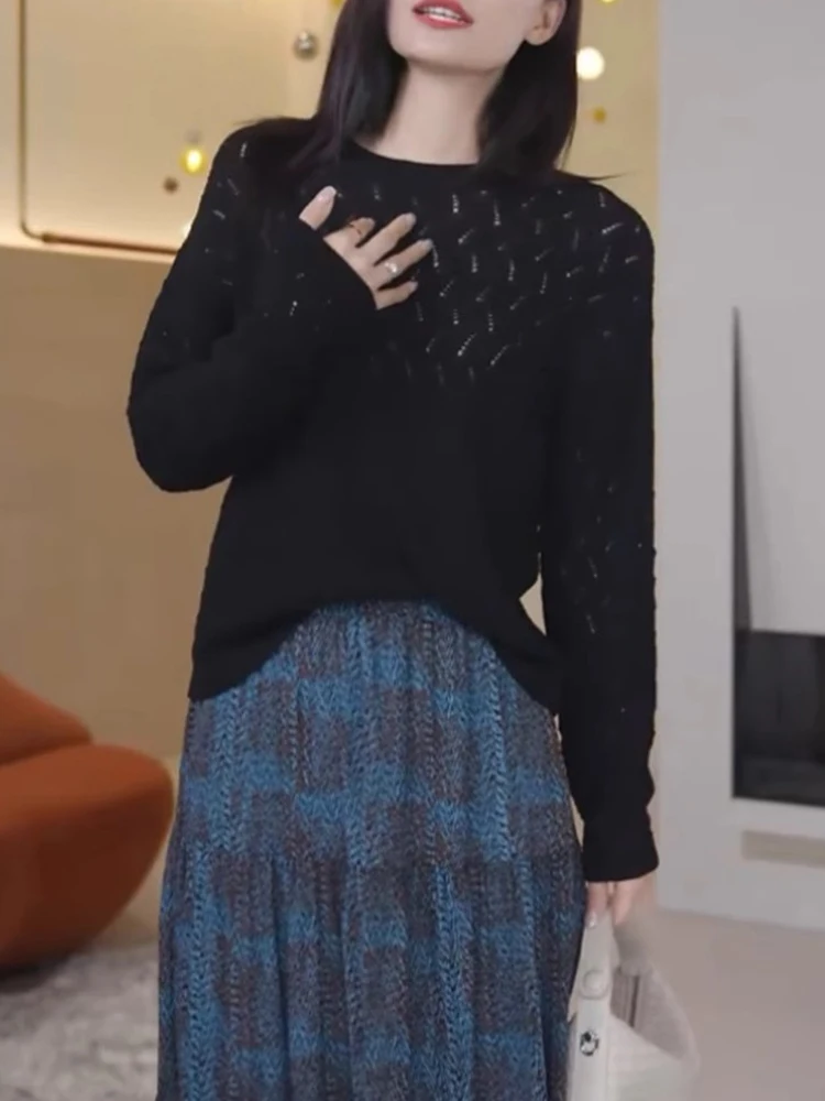 بلوزة نسائية بياقة مستديرة من الصوف بأكمام طويلة وتصميم نحيف لربيع 2024 بأسلوب كوري عصري #4