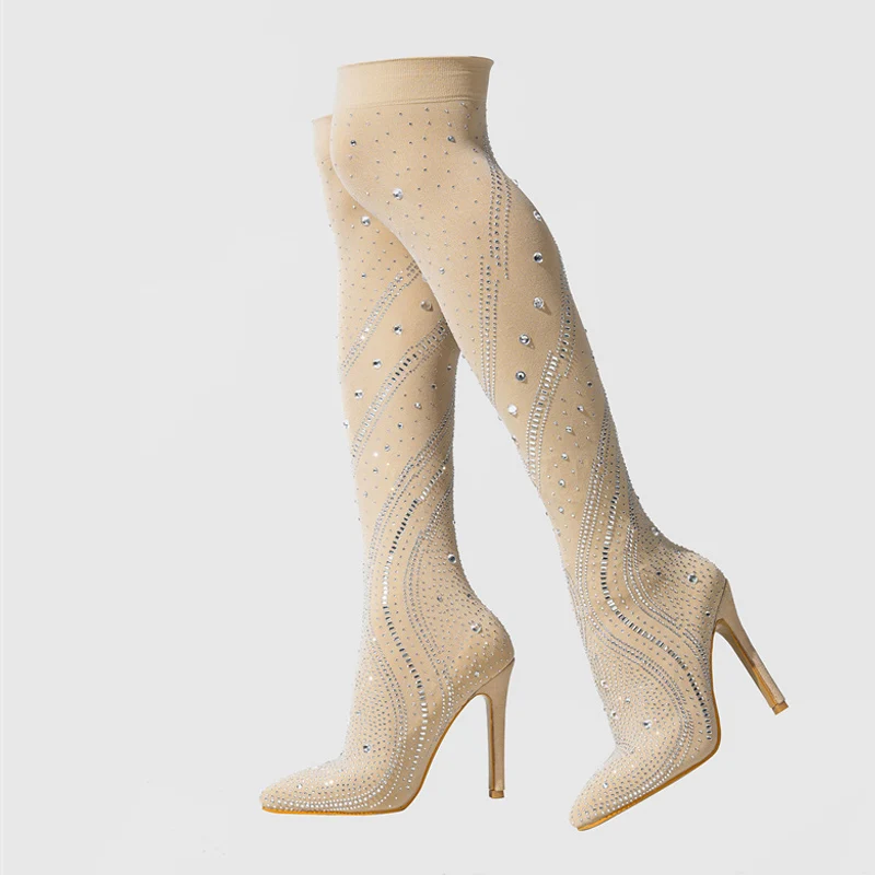 Liyke Designer Crystal Rhinestone Stretch Fabric Thigh High Boots Women Over The Knee Shoe Sexy Pointed Toe Stripper Heels Pumps