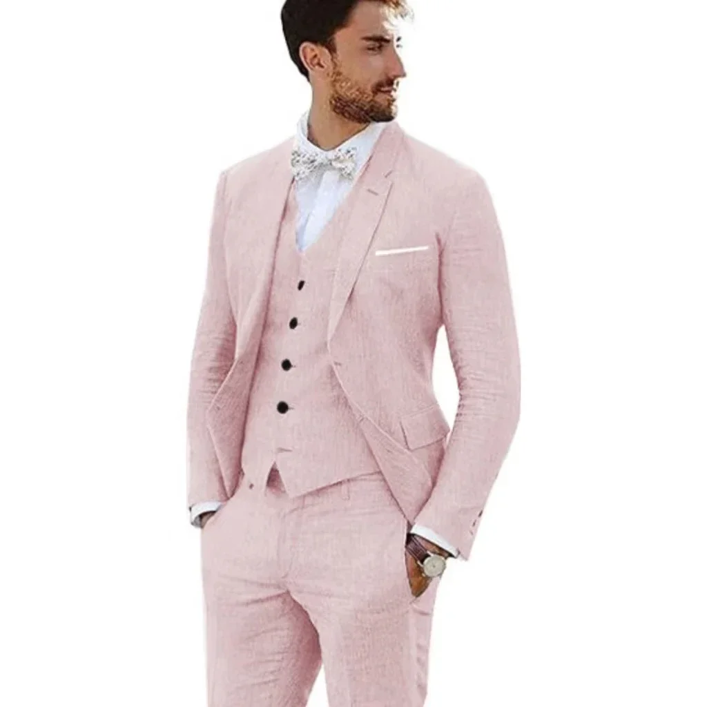 Casual Men\'s Linen Suits Regular Fit 3 Piece Tuxedos Notch Lapel Blazer Vest Pants for Evening Party Groomsmen Evening Party