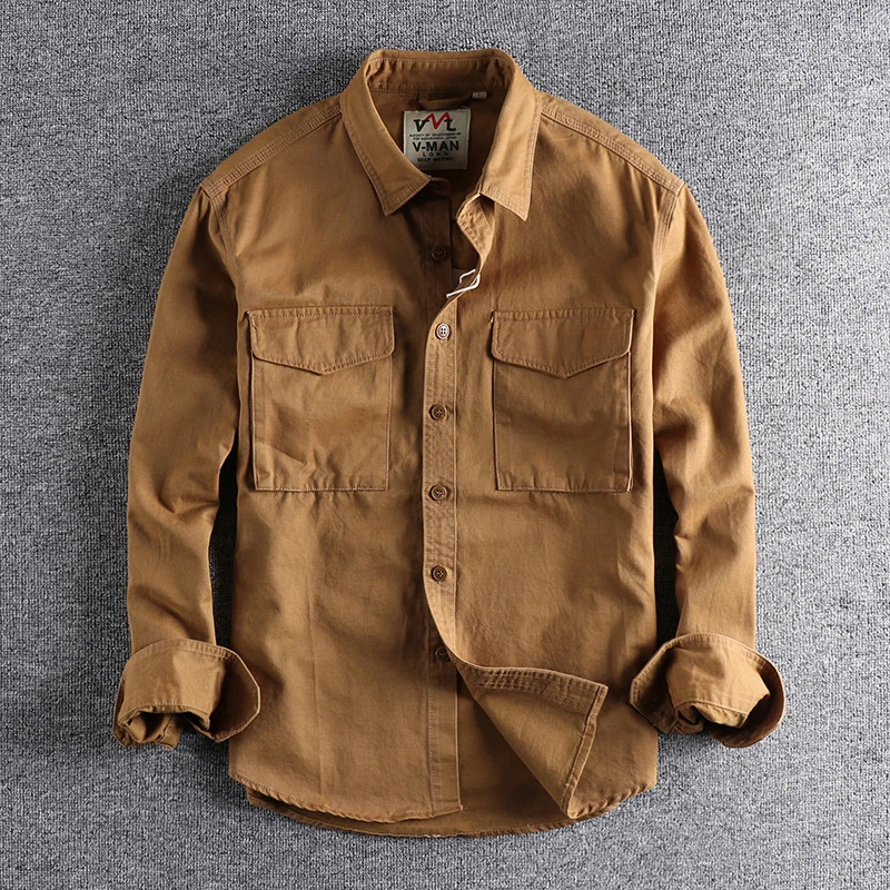 

Amekaji Vintage Cargo Shirt Men Autumn New Khaki Lapel Multi-pocket Long Sleeve Tooling Shirt Cotton Loose Casual Cardigan Tops