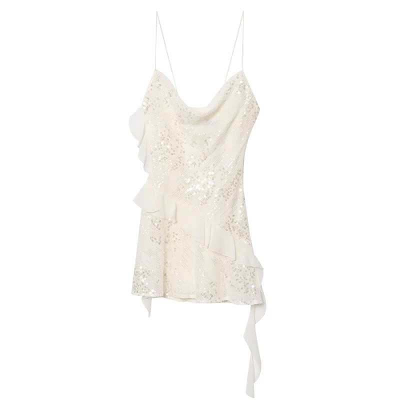 Mini robe Sexy à bretelles Spaghetti et paillettes pour femmes, col oscillant, sans manches, dos nu, robe d'été courte de fête