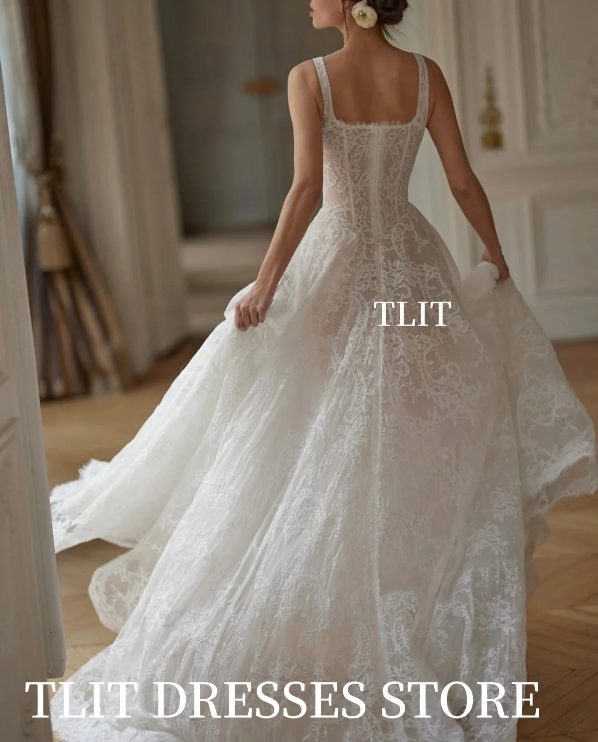 Luksusowe suknie ślubne w kształcie litery A z koronki TLIT, szyte na miarę, bez ramiączek, z odkrytymi ramionami i odkrytymi plecami.