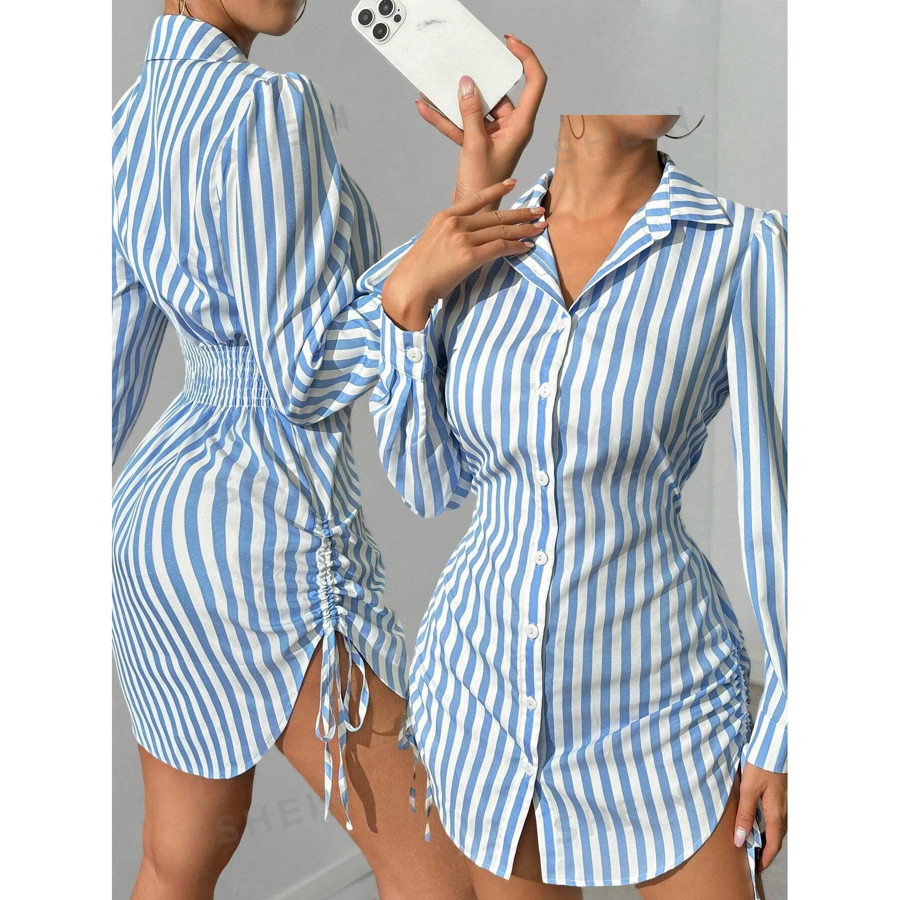 Nueva camisa de manga larga con cordón lateral a rayas de primavera y verano para mujer