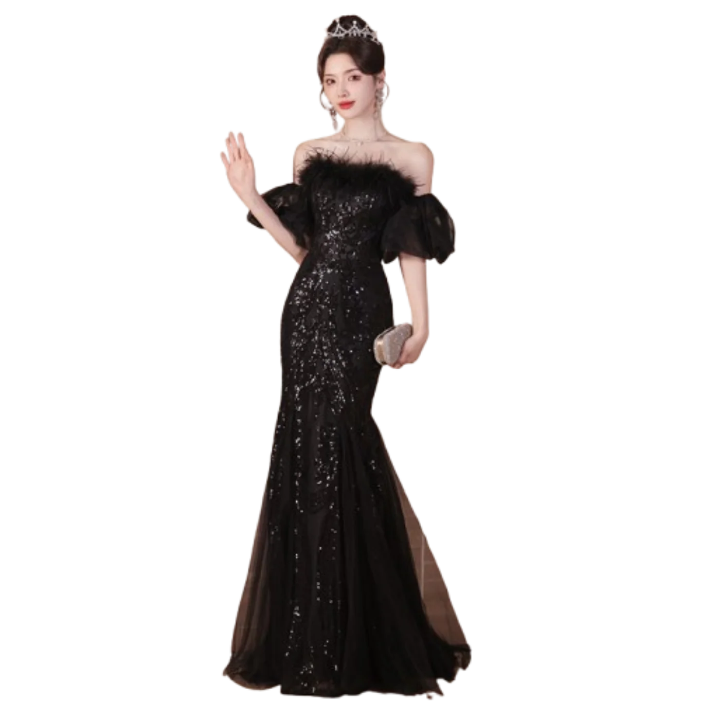 

Bar Mitzvah Youth Graduation Evening Dress Women's Light Luxury Niche High-end Black Feather Banquet Host Art Skirt Graduation