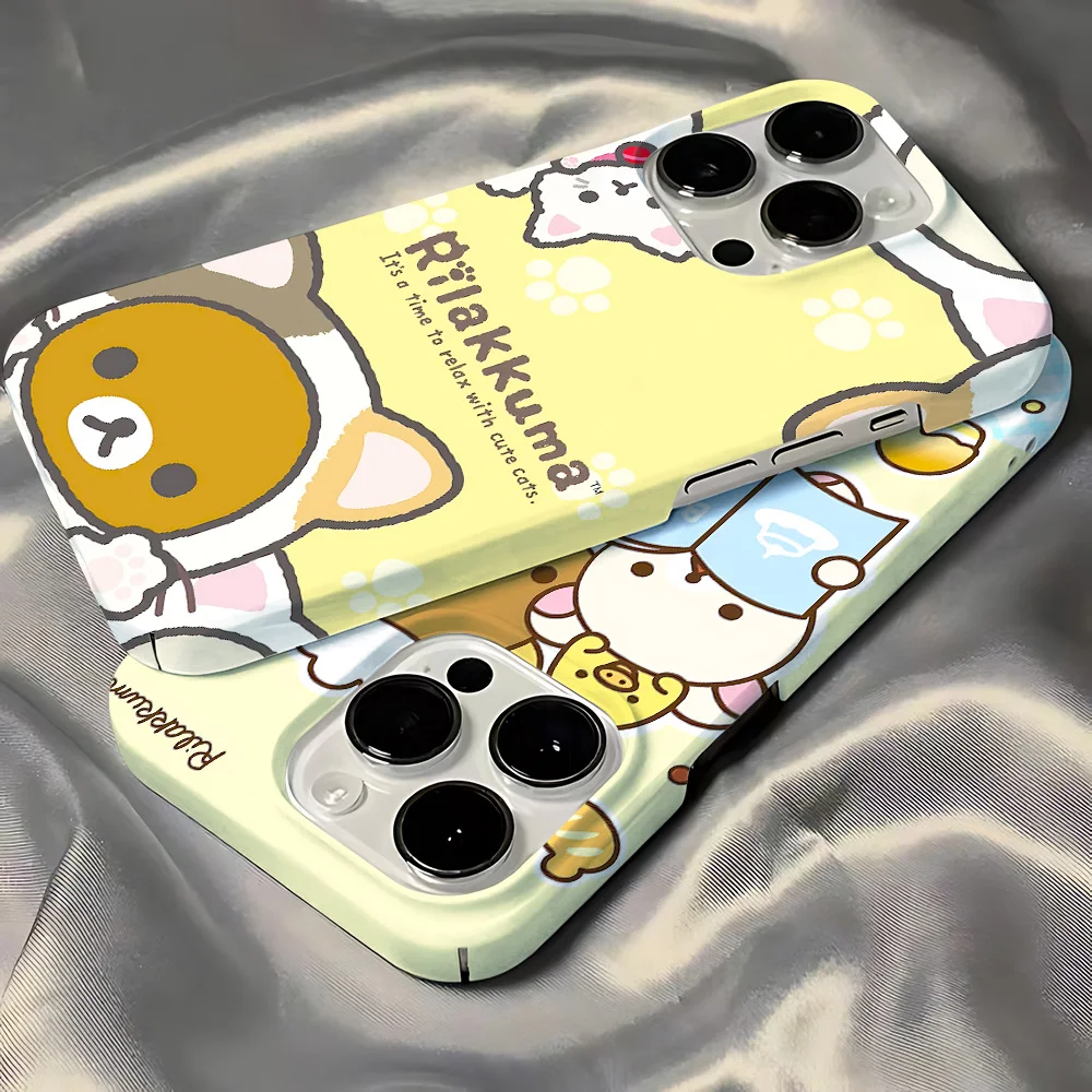 Cartoon Cute Rilakkumas custodia per telefono per iPhone 16 15 14 13 12 11 Pro Max XS XR XSMax 6 7 8 Plus Cover rigida lucida per PC HD