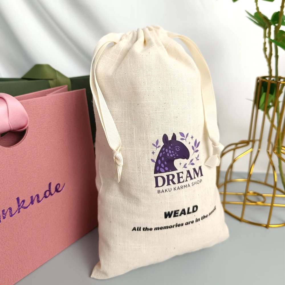 

Custom Logo Natural Cotton Bags 4x6inch Packaging Jewelry Drawstring Pouches Personalized Dustproof Wedding Festival Gift Bag