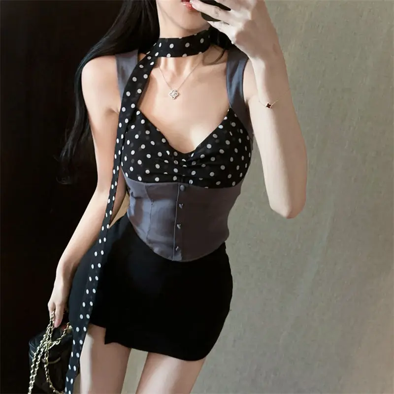 

Women Summer Slim Fit Short Cropped Bustier Retro Polka Dot Halter Neck Cami Top