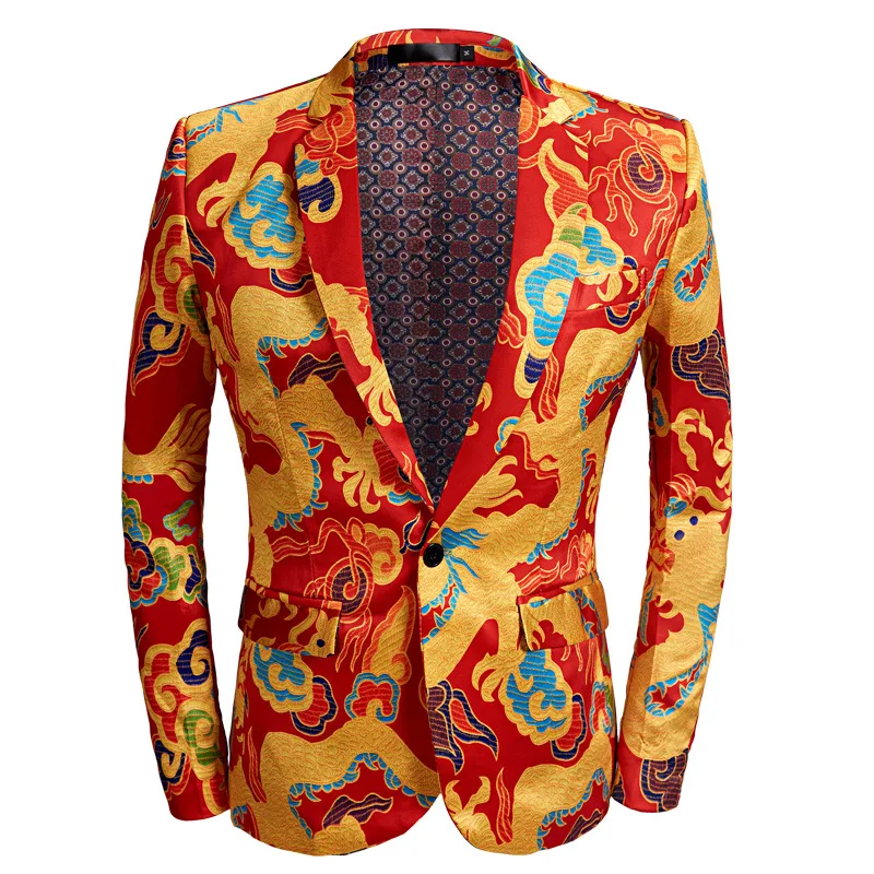 2024 Fashion Men‘s Casual Chinese Longteng Style Red Dragon Pattern Suit / Male Slim Stage Party 2 Pcs Blazers Sets Jacket Pants