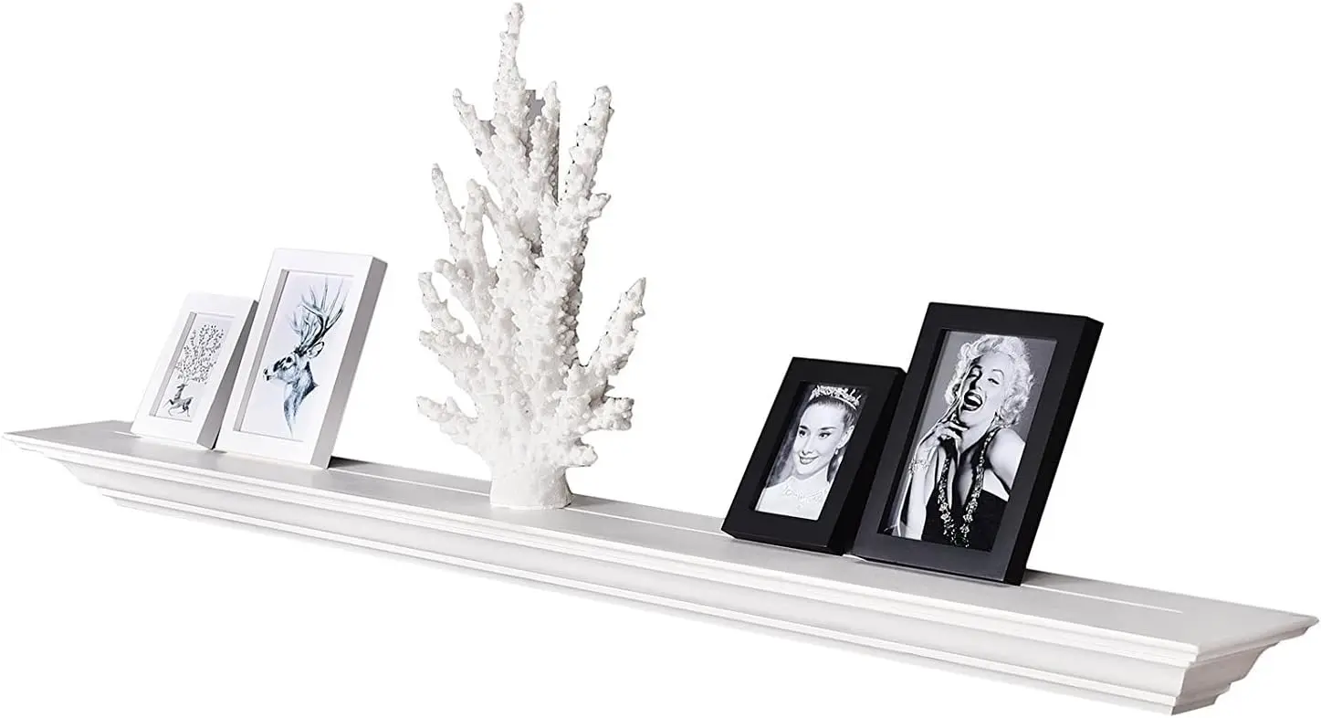 

White 60-Inch Fireplace Mantel Shelf, Solid Pine Wood with Crown Molding, Floating Wall Photo Ledge